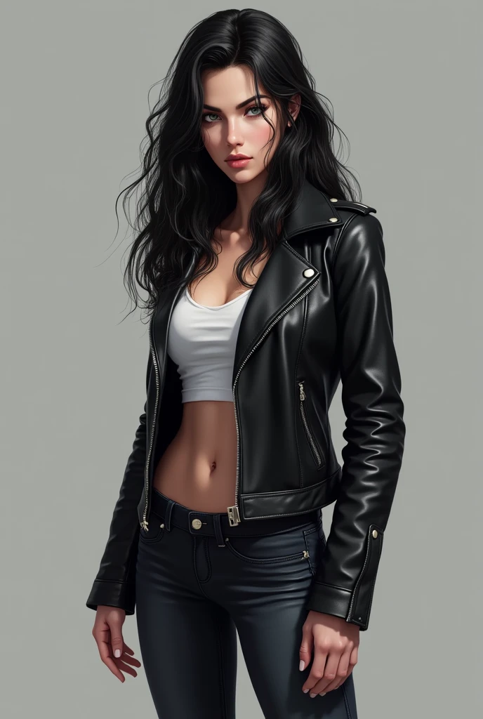 18 year old girl, silver eyes, long black wavy hair, She is dressed in a leather jacket and jeans, both in black tones., Your expression is serious and confident, Digital illustration of video game characters with a solid, neutral gray background