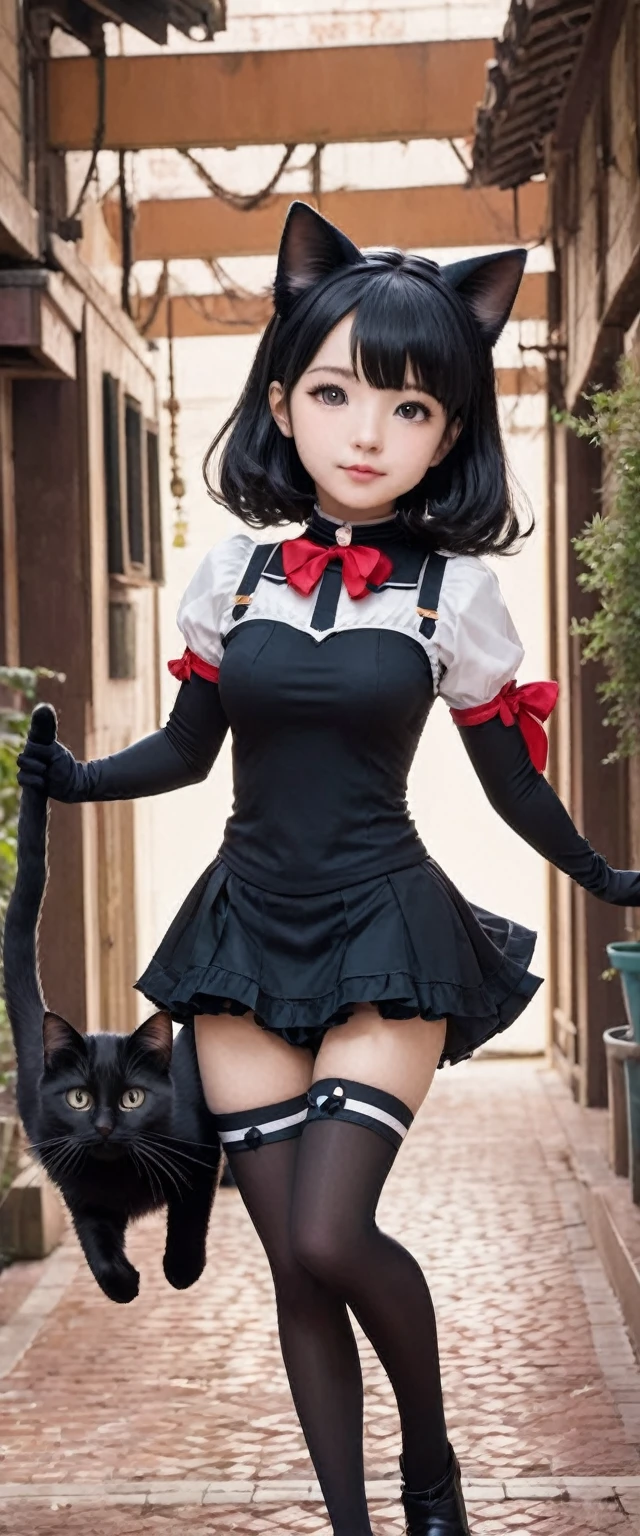 high quality, detailed, a little black cat baby and a magical girl,the magical girl is 18 years old, the magical girl has abnormal extra ultra huge boobs, in wander land,
