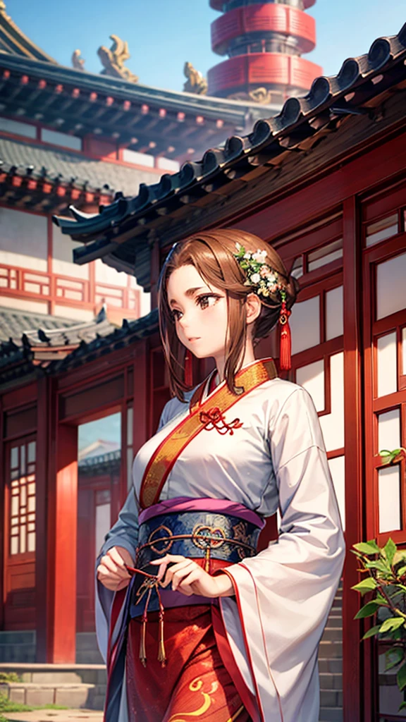 A beautiful girl ,Put on gorgeous Hanfu, Chinese Architecture, landscape