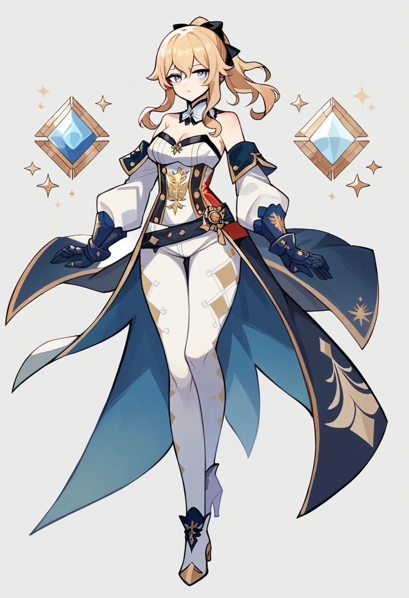 1 girl, Jean Gunnhildr, Genshin impact, strapless shirt, long blue tailcoa, pair of separate white sleeves, short blue and gold cloak attached to a white collar, white tights embroidered with a gold diamond-dot pattern, a pair of white high-heeled knee-high boots,a pair of blue gauntlets. Her shirt is white with red sections and black and gold trim, and there is a golden Knights of Favonius crest on the front. Her Vision hangs off her belt at her back on her left.