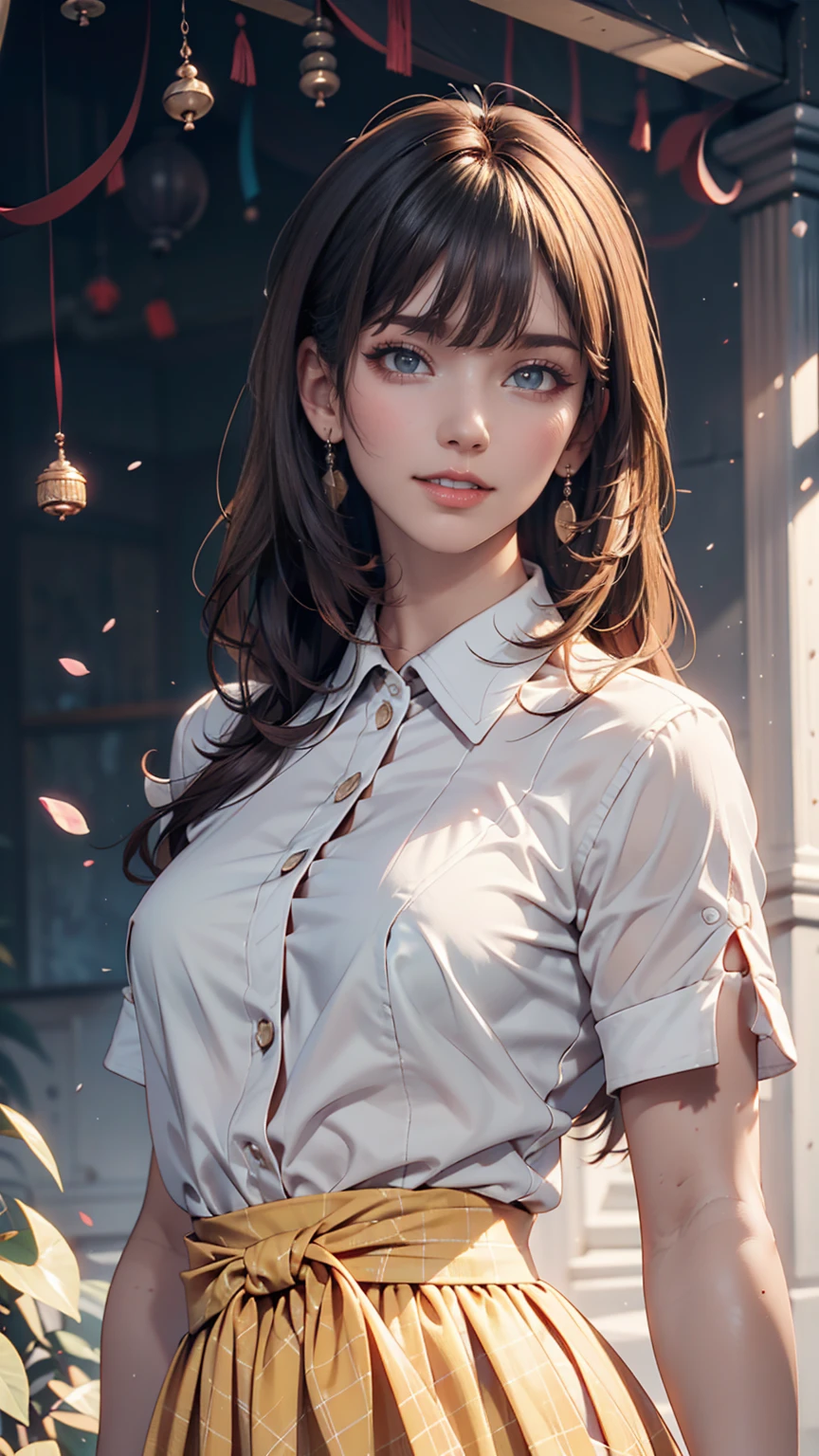 Beautiful Japanese Woman, soft skin and perfect face, A small face with a nose and rosy lips, Beautiful Eyes, Beautiful smile. black, Surrounded by a bright, ethereal glow、Thin, long, beautiful hair. A loose, medium hairstyle with gradation highlights and grey layers, Navy band collar shirt x yellow houndstooth flare skirt, Bright neon colorful background, Hyperrealistic female photos, High quality high resolution 8K masterpiece