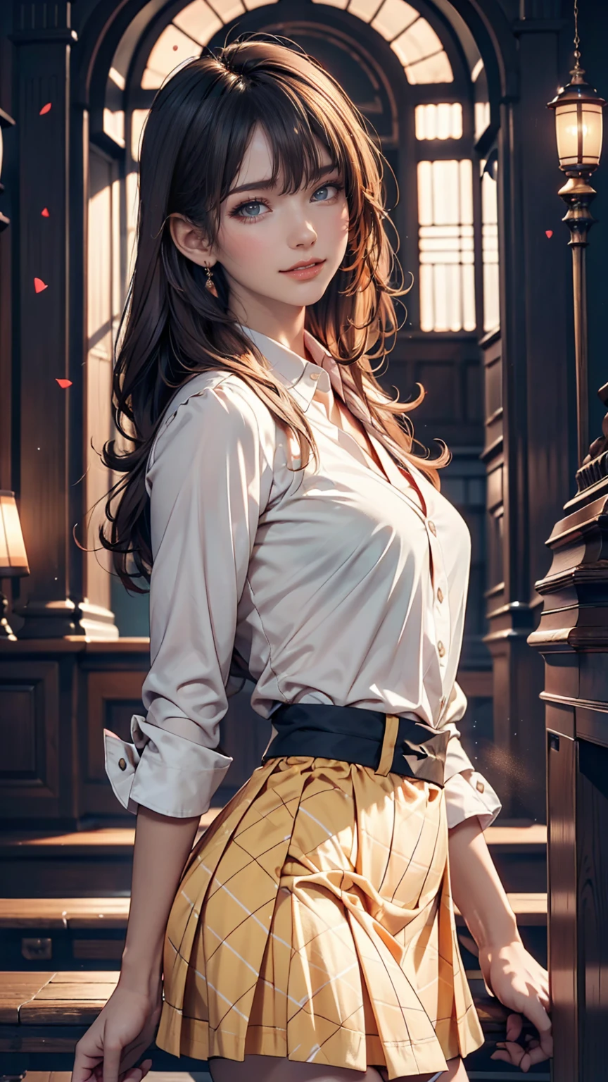 Beautiful Japanese Woman, soft skin and perfect face, A small face with a nose and rosy lips, Beautiful Eyes, Beautiful smile. black, Surrounded by a bright, ethereal glow、Thin, long, beautiful hair. A loose, medium hairstyle with gradation highlights and grey layers, Navy band collar shirt x yellow houndstooth flare skirt, Bright neon colorful background, Hyperrealistic female photos, High quality high resolution 8K masterpiece