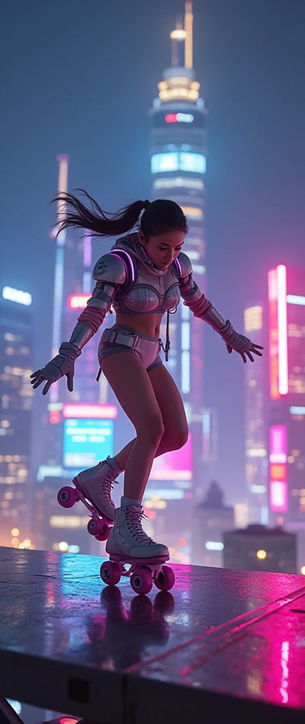 ultra-realistic, photorealistic, (20 years old Japanese famous idol girl:1.5), very beautiful Japanese, roller skating, at the heliport of the top of the tallest building at night, cyber punk, amazing view of cyber punk skyscrapers, dynamic roller skating pose, (spot light, high brightness:2), masterpiece, (face focus:1.6), beautiful eyes, wearing a cute cyber punk bodysuits, very large breasts, beautiful face, high speed roller skating
