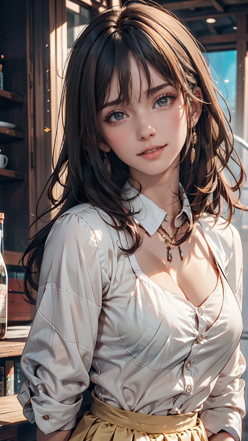 Beautiful Japanese Woman, soft skin and perfect face, A small face with a nose and rosy lips, Beautiful Eyes, Beautiful smile. black, Surrounded by a bright, ethereal glow、Thin, long, beautiful hair. A loose, medium hairstyle with gradation highlights and grey layers, Navy band collar shirt x yellow houndstooth flare skirt, Bright neon colorful background, Hyperrealistic female photos, High quality high resolution 8K masterpiece