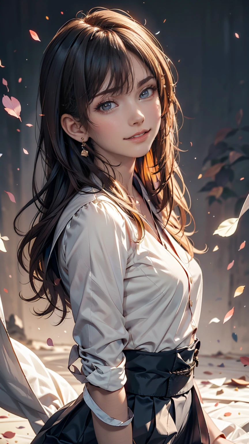 Beautiful Japanese Woman, soft skin and perfect face, A small face with a nose and rosy lips, Beautiful Eyes, Beautiful smile. black, Surrounded by a bright, ethereal glow、Thin, long, beautiful hair. A loose, medium hairstyle with gradation highlights and grey layers, Navy band collar shirt x yellow houndstooth flare skirt, Bright neon colorful background, Hyperrealistic female photos, High quality high resolution 8K masterpiece