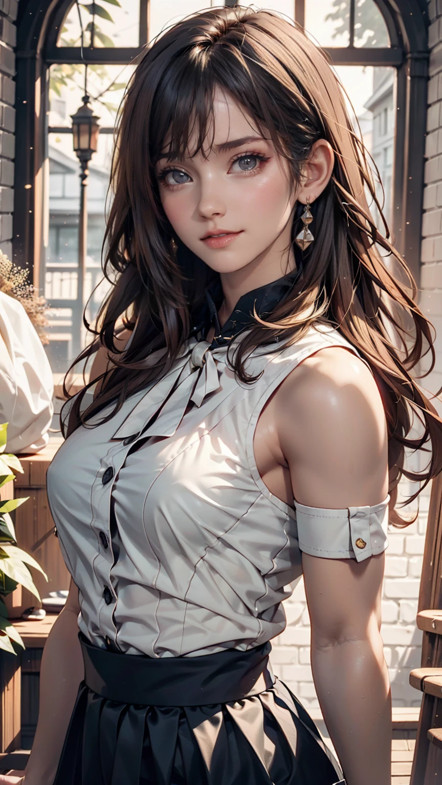 Beautiful Japanese Woman, soft skin and perfect face, A small face with a nose and rosy lips, Beautiful Eyes, Beautiful smile. black, Surrounded by a bright, ethereal glow、Thin, long, beautiful hair. A loose, medium hairstyle with gradation highlights and grey layers, Navy band collar shirt x yellow houndstooth flare skirt, Bright neon colorful background, Hyperrealistic female photos, High quality high resolution 8K masterpiece