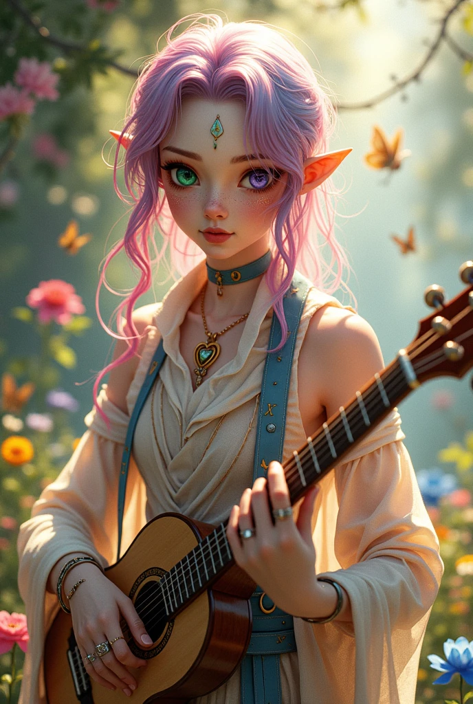 A femboy boy, his hair has three colors pink, blue and red, Your eyes are different colors, one is purple and the other green, his skin is white and delicate and is covered in a shiny golden powder that is like makeup, he also has magical runes tattooed on his body, he is of noble origin and his father is a genius, he loves to adventure, Of butterflies and flowers, he is a bard and always carries his beautiful lute and his beautiful sword, he likes to wear delicate rings, a choker and a heart necklace.