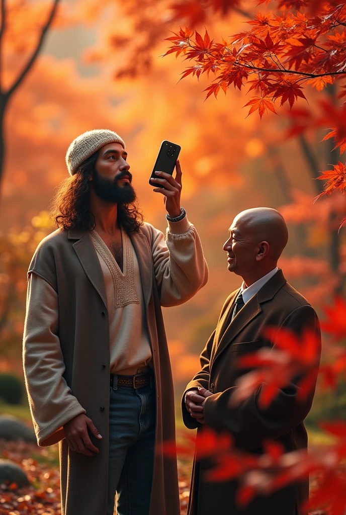 View from above. Jesus Christ and Buddha looking up at the red and orange gradation of autumn leaves. They are looking up at the autumn leaves and holding their mobile phones to take pictures. they are shining. Jesus is wearing a gray coat over an off-white knit top, jeans, and a knit hat. Jesus of Nazareth is depicted as a gentle, gentle man with shoulder-length hair. His wavy brown hair cascades over his shoulders. His face conveys deep wisdom and empathy, radiating warmth and understanding. The other man is depicted as a kind-hearted Japanese man with a Buddha-like shaved head and a gentle, cheerful expression. The Japanese man's face has a low nose and long slit eyes, conveying deep wisdom and empathy, and exudes warmth and understanding. Autumn in Japan. Photography, close-up, highly detailed, trending at the art station, sharp focus, studio shot, intricate details, Greg Rutkowski,