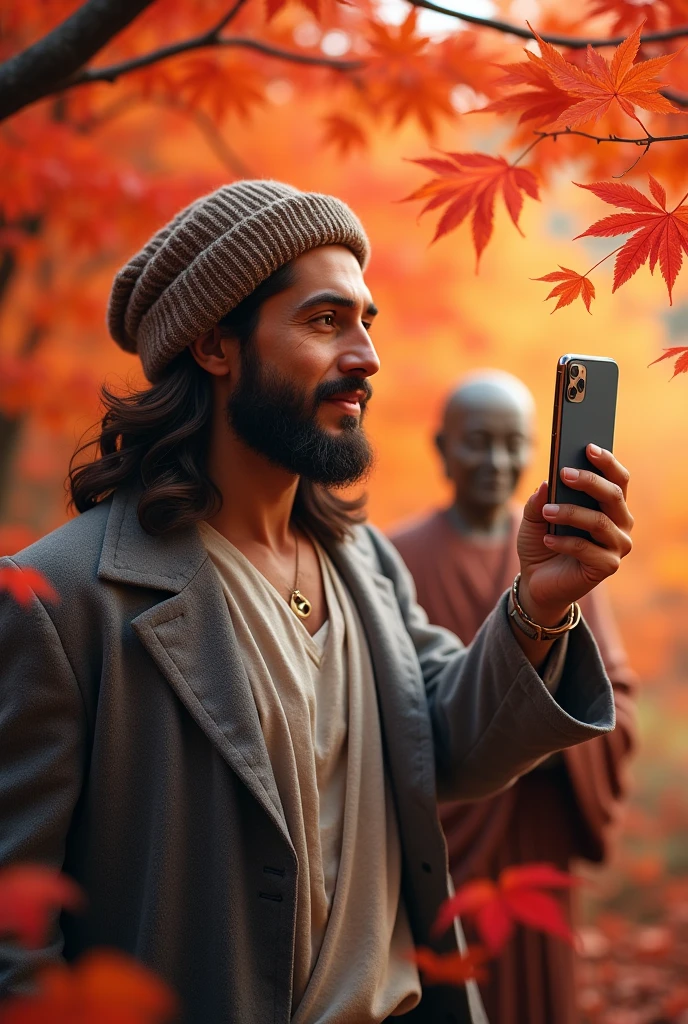 View from above. Jesus Christ and Buddha looking up at the red and orange gradation of autumn leaves. They are looking up at the autumn leaves and holding their mobile phones to take pictures. they are shining. Jesus is wearing a gray coat over an off-white knit top, jeans, and a knit hat. Jesus of Nazareth is depicted as a gentle, gentle man with shoulder-length hair. His wavy brown hair cascades over his shoulders. His face conveys deep wisdom and empathy, radiating warmth and understanding. The other man is depicted as a kind-hearted Japanese man with a Buddha-like shaved head and a gentle, cheerful expression. The Japanese man's face has a low nose and long slit eyes, conveying deep wisdom and empathy, and exudes warmth and understanding. Autumn in Japan. Photography, close-up, highly detailed, trending at the art station, sharp focus, studio shot, intricate details, Greg Rutkowski,