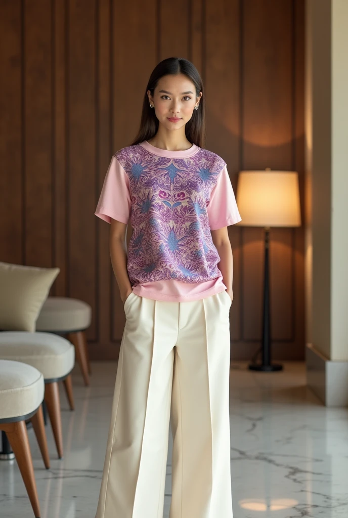 Female model. Modern style. Wearing a light pink short-sleeved round-neck T-shirt with Vietnamese ethnic brocade patterns in purple, blue, and lotus pink. The shirt body is solid-colored with 2cm sleeves. Wide-leg, cream-colored A-line pants, side pockets. The setting is in a luxurious wooden interior room. Cream-colored walls. Table, chairs, lamps
