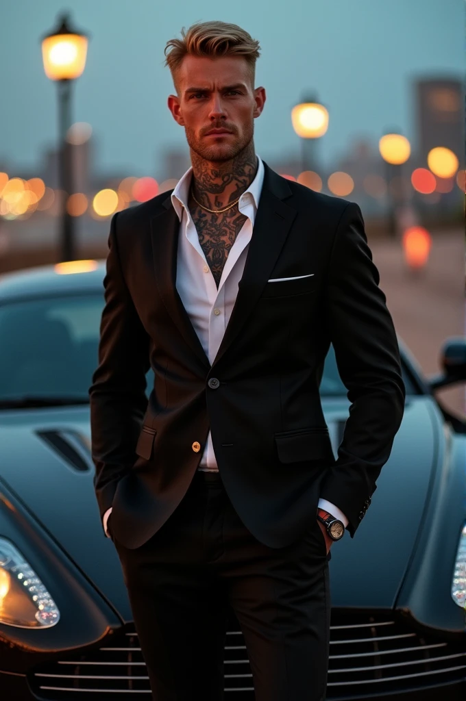 Tall, blond man , suit dress , with tattoos getting into an Aston Martin 