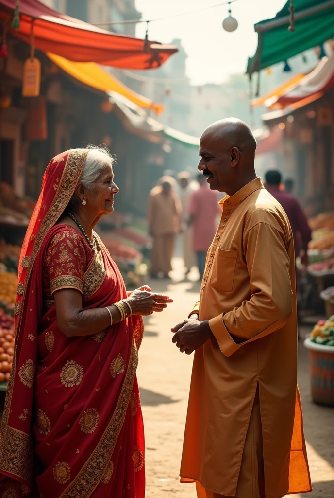 An elderly Indian woman meeting a 35-year-old bald Indian man