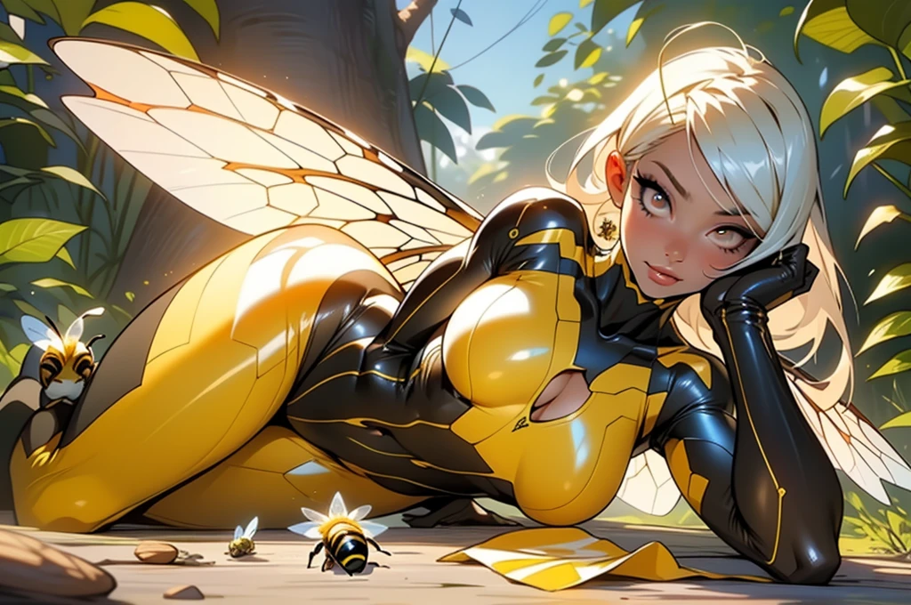 ((Masterpiece, best quality, photography, detailed skin, 8k, highly detailed, full body, High detail RAW color art, diffused soft lighting, shallow depth of field, sharp focus, hyperrealism, cinematic lighting, ((Female anthro bee:0.8)), Feminine insect humanoid creature, Four insectoid arms, wings Similar to a bee, Yellow and black color design, a remarkable Bee Body, Shiny Plug Suit, Bee wings, Cute Girl Face, a female, beautifully makeup, eyeshadow, beautiful big eyes, brown eyes, long eye lashes, monstrous insect, chitin skin, large almond shaped eyes, humanoid body style, sagging large breast, saggy body, spread legs, an evil gaze that seduces, lying, on side, bee nest