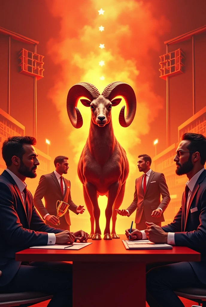1. **fund:** A dynamic background, like a modern office or a sports environment. Use shades of red and orange to reflect the energy and intensity associated with Aries..
2. **Main Elements:**
- **ram:** A realistic sheep, prominently positioned in the center. This must be portrayed in detail., with emphasis on his confident and imposing posture.
- **Leadership and Dynamism:** Include a person in business attire, standing in front of a team, leading a meeting or a presentation. The expression must be one of determination and confidence..
- **sports:** A realistic figure in a sporting environment, like an athlete lifting a trophy or running across a field. The action must be clear and vibrant.
- **Entrepreneurship:** A businessman in a modern office environment, analyzing growth charts or discussing strategies with your team. The image must convey innovation and strategic vision.
3. **enviroment:** The image must have a realistic and detailed environment, reflecting a challenging and innovative scenario, with lights and shadows that highlight the intensity and energy of the moment.
4. **detaileds:** Make sure to include realistic details like clothing., Facial expressions, and environmental elements to convey the competitive and proactive nature of Aries.