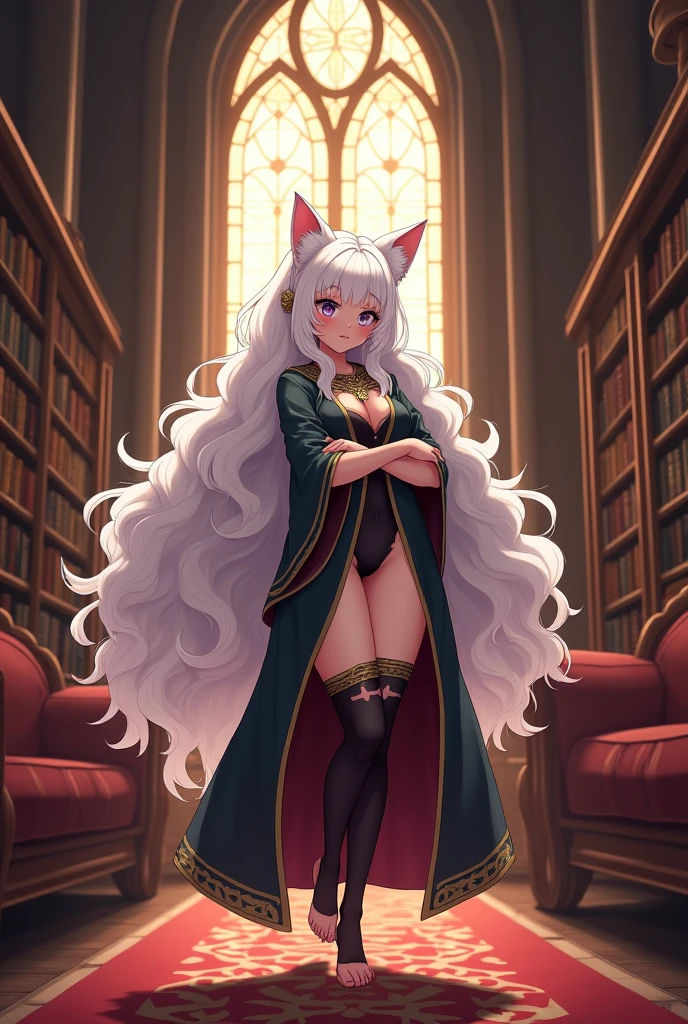 ((best quality)), ((masterpiece)), (detailed), ((highres)), In lavish manor library, extremely long curly white hair pig tails. Fluffy white cat ears. Long white cat tail on butt, 1catgirl, 24 year old. Curvy body, shy, timid, scared, nervous, Blushing. Lewd mage robes. Heterochromatic eyes, one teal eye, one purple eye. No shoes. No socks, black ripped thigh high leggings with pink pawpads on feet,