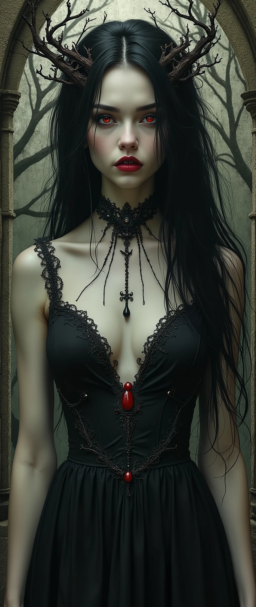 Envision a Gothic vampiress, Lilith, emerging from the shadows of a twisted, surreal world inspired by the intricate and fantastical style of Hieronymus Bosch. Her ethereal beauty is both alluring and unsettling, with porcelain skin that contrasts starkly against the dark, labyrinthine environment around her. Lilith's flowing raven-black hair is adorned with delicate, thorny vines, while her crimson eyes reflect the macabre and eerie landscape—teeming with bizarre creatures and foreboding structures. The world she inhabits is a nightmarish dreamscape, where gothic architecture melds with organic, otherworldly forms, creating a haunting yet mesmerizing vision of darkness and beauty.