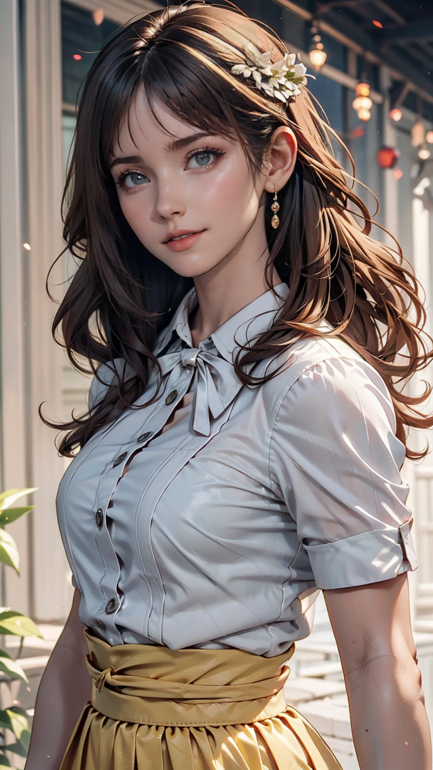 Beautiful Japanese Woman, soft skin and perfect face, A small face with a nose and rosy lips, Beautiful Eyes, Beautiful smile. black, Surrounded by a bright, ethereal glow、Thin, long, beautiful hair. A loose, medium hairstyle with gradation highlights and grey layers, Navy band collar shirt x yellow houndstooth flare skirt, Bright neon colorful background, Hyperrealistic female photos, High quality high resolution 8K masterpiece