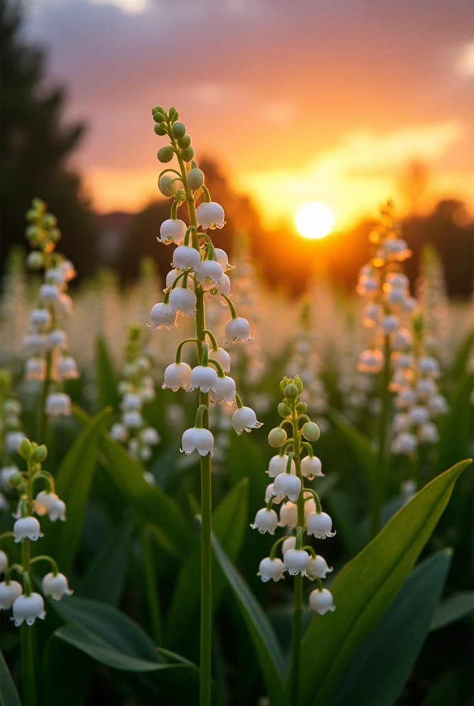Generate an image of a garden with lilies of the valley and a sunset
