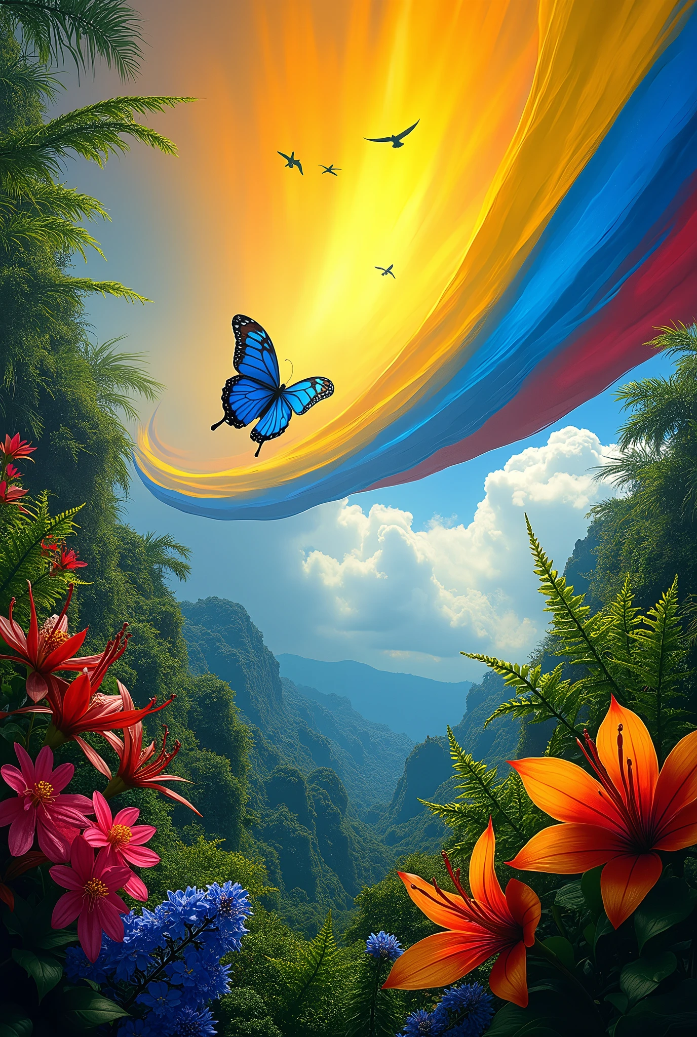 Create an image where you can see different species of Ecuadorian fauna and flora, Let the sky be the flag of Ecuador and let the image be square.