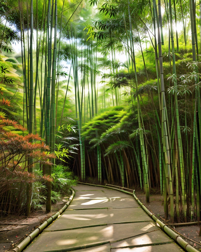 a lush bamboo forest, serene bamboo trees, detailed bamboo stalks and leaves, natural sunlight filtering through the bamboo, peaceful forest atmosphere, tranquil landscape, high quality, 8k, photorealistic, professional photography, vivid colors, warm lighting, cinematic composition, beautiful natural scenery