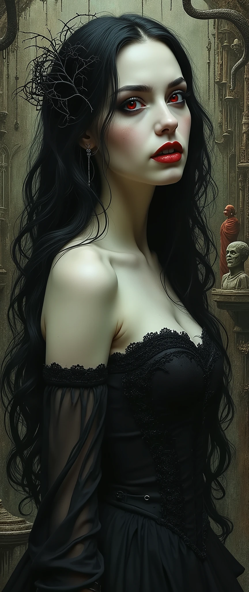 Envision a Gothic vampiress, Lilith, emerging from the shadows of a twisted, surreal world inspired by the intricate and fantastical style of Hieronymus Bosch. Her ethereal beauty is both alluring and unsettling, with porcelain skin that contrasts starkly against the dark, labyrinthine environment around her. Lilith's flowing raven-black hair is adorned with delicate, thorny vines, while her crimson eyes reflect the macabre and eerie landscape—teeming with bizarre creatures and foreboding structures. The world she inhabits is a nightmarish dreamscape, where gothic architecture melds with organic, otherworldly forms, creating a haunting yet mesmerizing vision of darkness and beauty.