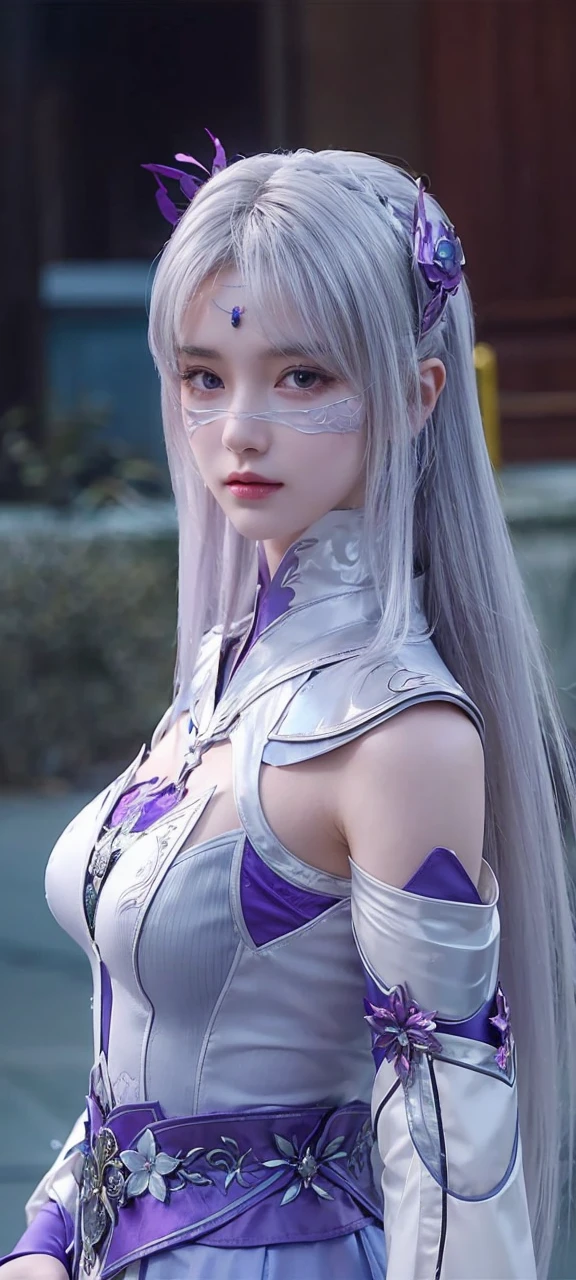 A beautiful female character with long, silvery hair and intricate purple and white armor, raises her left hand to shield her face from the bright sunlight. The shadow cast by her hand falls gracefully across her face, highlighting her stunning features. The scene is rendered in 8K quality with Unreal Engine, focusing on the character's elegance and ethereal beauty, without altering her original appearance.