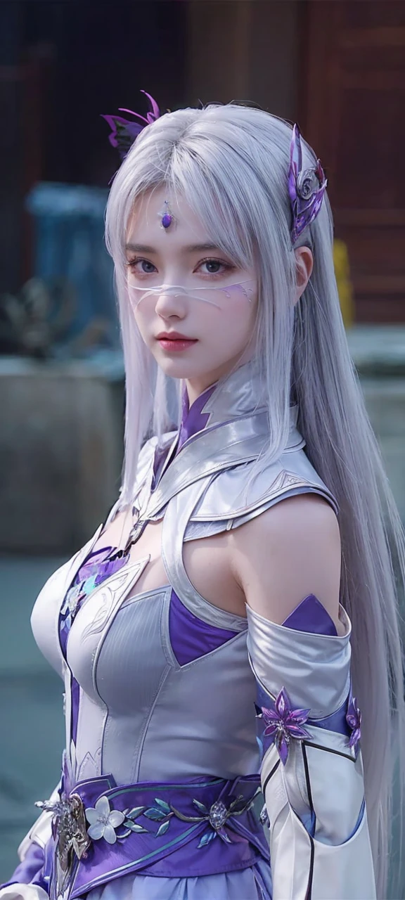 A beautiful female character with long, silvery hair and intricate purple and white armor, raises her left hand to shield her face from the bright sunlight. The shadow cast by her hand falls gracefully across her face, highlighting her stunning features. The scene is rendered in 8K quality with Unreal Engine, focusing on the character's elegance and ethereal beauty, without altering her original appearance.