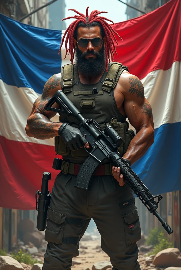Personage de call of duty pero que se vea manco con la bandera de República Dominicana manco pero con flow grande pero con arma ar15 y un franco en la espalda pero que sea blanco que tenga rastas
🇩🇴 no te olvide que sea un hombre grande y blanco y que los rasta estés más corto y de color rojo y que esté más llenito el hombre que sea blanco