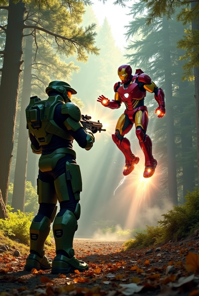 Master Chief from Halo shoots iron Man from marvel with his weapons in the Forest 
