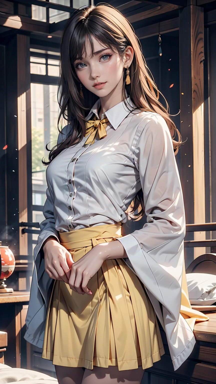 Beautiful Japanese Woman, soft skin and perfect face, A small face with a nose and rosy lips, Beautiful Eyes, Beautiful smile. black, Surrounded by a bright, ethereal glow、Thin, long, beautiful hair. A loose, medium hairstyle with gradation highlights and grey layers, Navy band collar shirt x yellow houndstooth flare skirt, Bright neon colorful background, Hyperrealistic female photos, High quality high resolution 8K masterpiece
