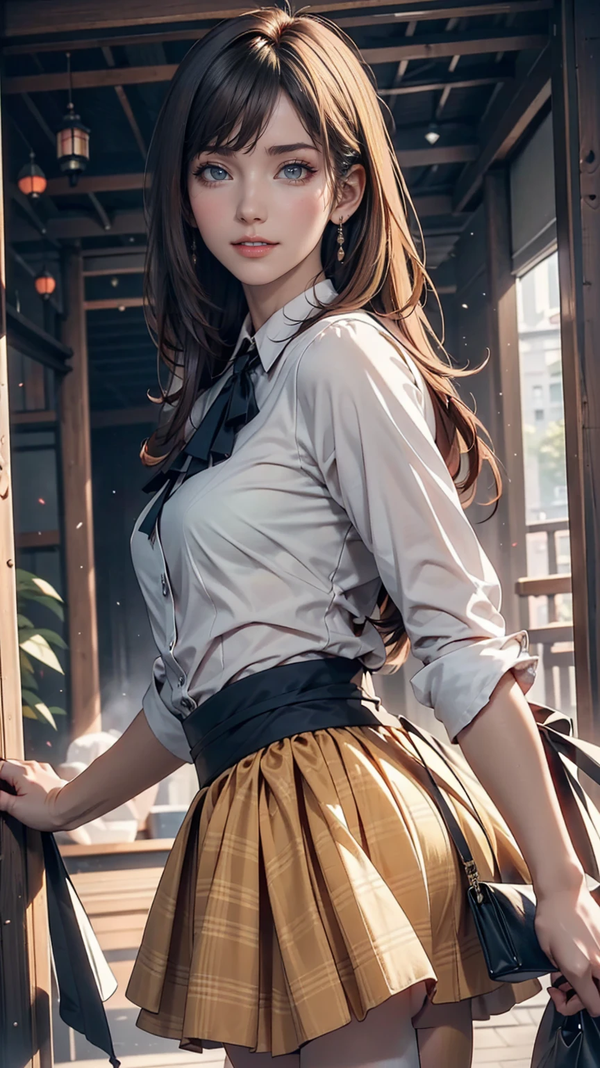 Beautiful Japanese Woman, soft skin and perfect face, A small face with a nose and rosy lips, Beautiful Eyes, Beautiful smile. black, Surrounded by a bright, ethereal glow、Thin, long, beautiful hair. A loose, medium hairstyle with gradation highlights and grey layers, Navy band collar shirt x yellow houndstooth flare skirt, Bright neon colorful background, Hyperrealistic female photos, High quality high resolution 8K masterpiece