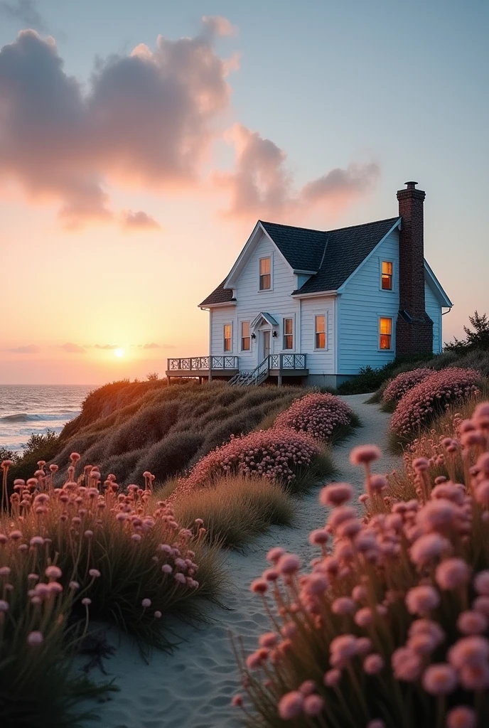 Majestic white house surrounded by dried flowers at a beach sunset