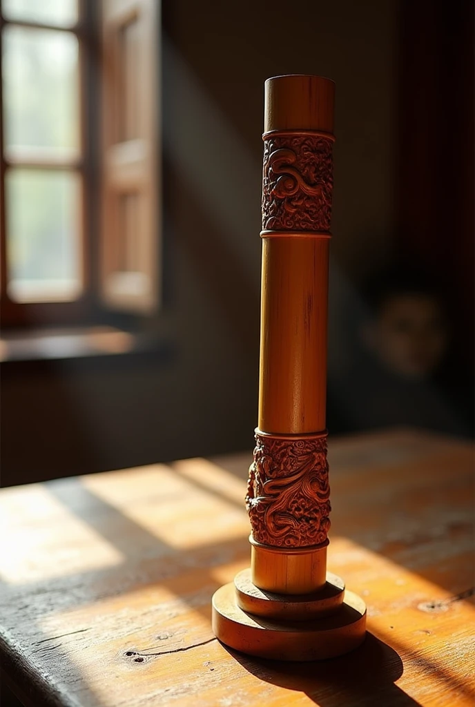 Detailed photo of a standing bamboo tube on a wooden table used for temple lotteries, cinematic lighting, 8K, realistic, highly detailed architectural elements, ancient Chinese culture, intricate carving details, sense of design, warm colors, natural light, serene atmosphere, dramatic shadows, expansive panoramic views, culture of the Shaolin Temple