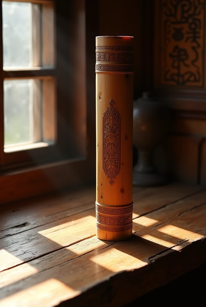 Detailed photo of a standing bamboo tube on a wooden table used for temple lotteries, cinematic lighting, 8K, realistic, highly detailed architectural elements, ancient Chinese culture, intricate carving details, sense of design, warm colors, natural light, serene atmosphere, dramatic shadows, expansive panoramic views, culture of the Shaolin Temple