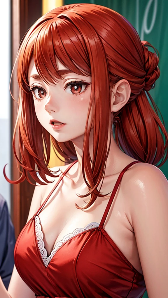 (masterpiece),(best quality:1.0), (Ultra-high resolution:1.0), Detailed description, 8K, Japanese cartoons, 1 Girl, beautiful Japanese cartoons girl, Wearing a red dress, corolla, Pretty Face, Delicate face, beautiful eyes, Delicate eyes, Crimson eyes, Bright red lips, Red lipstick, Beautiful and stylish hair, Hair highlights, bangs Japanese cartoons style, best quality, Energetic