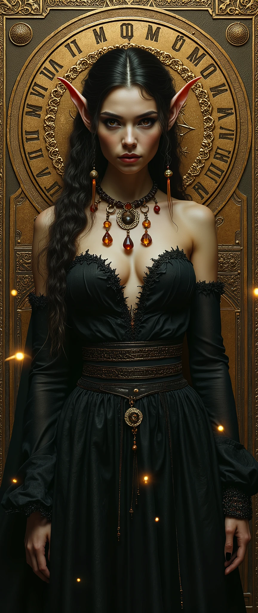 , best quality (4K, high resolution, masterpiece:1.2), ultra-detailed, realistic (photo-realistic:1.37), the Golden Queen, the Mistress of Greed, mesmerizing golden enchantress, portrait, standing with a dazzling golden gown, captivating yet intimidating gaze, hypnotic, demonic eyes, poised stance, flowing golden hair with flickers of shadow, radiant and opulent aura with a hint of darkness, pure golden color scheme, sharp focus, perfect, ominous lighting, confident, sinister demeanor, intriguingly wicked smile, powerful greed magic and sinister energy radiating from her eyes, luxurious palace with a dark, foreboding background, entrancing yet eerie atmosphere, inspired by fantasy art and dark mythology, emphasizing her wealth, allure and malevolent charm, meticulous attention to faciails showcasing her stunning beauty, elaborate, opulent costume design, striking visual impact, expressive yet wicked facial fea supernatural elements blended with a sinister reality, (exceptionally detailed:1.3), super finely detailed and clawed hands, ultra finely detailed fingers (ten fingers), suggestive, intimidating posing, full body showcase, no logos in the background.