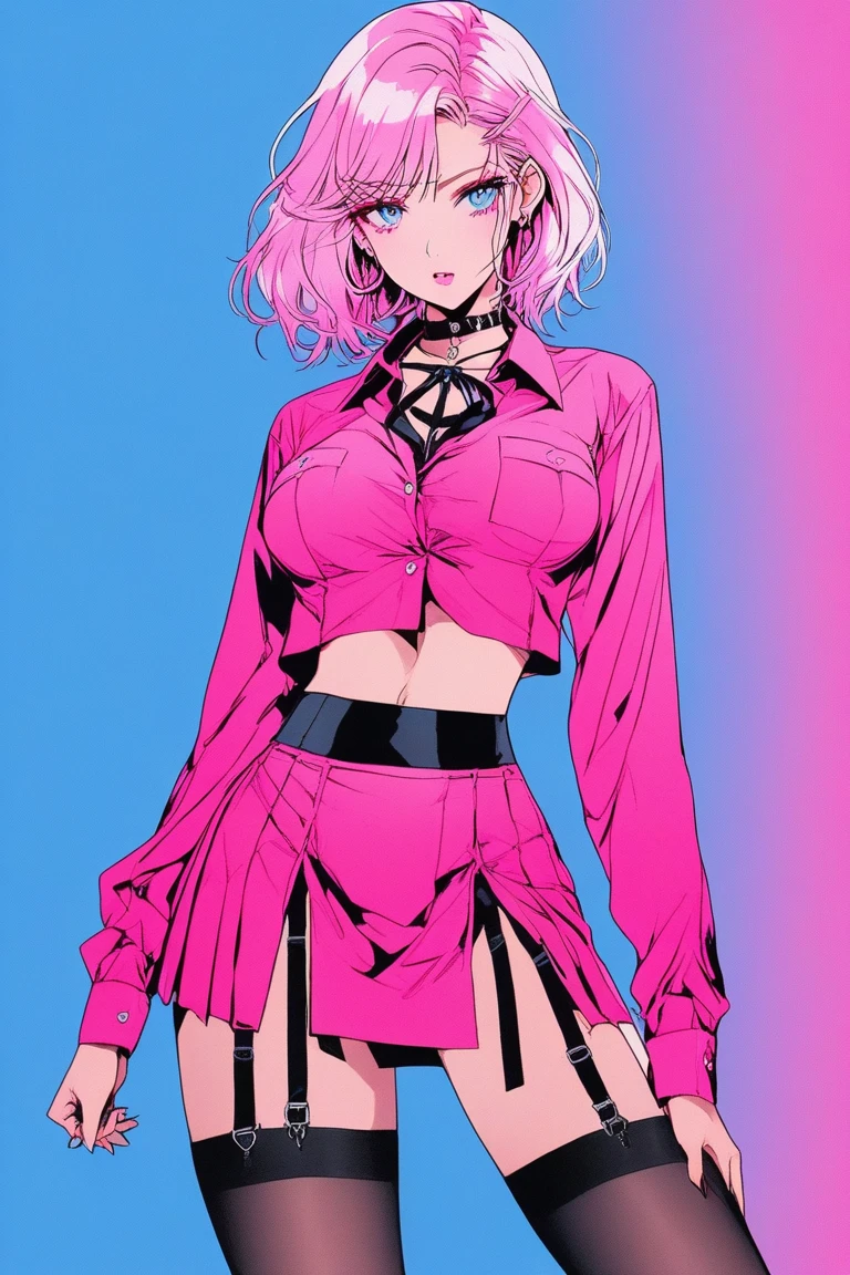 Illustrator, anime , Realistic ,sketch , 1 person, model, Age 20, lip, open button-up shirt, shirt tied below breasts, midriff, choker, tiny micro pleated miniskirt, skirt barely covering panties, thigh high stockings, order, Blue and pink gradient background, Neon Medium Hair, Big Breasts, Her cleavage is visible, look back, Tabletop, Sexy look, Texture Trim, Canadian, (masterpiece,Highest quality)
