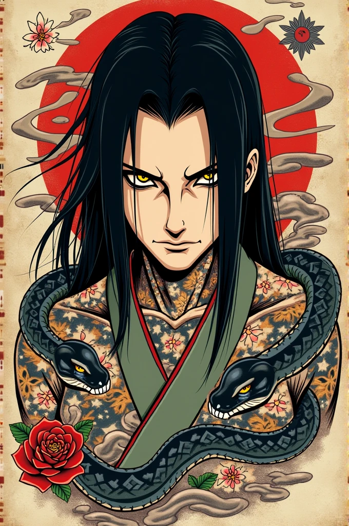 The character Orochimaru from Naruto with old school tattoo style