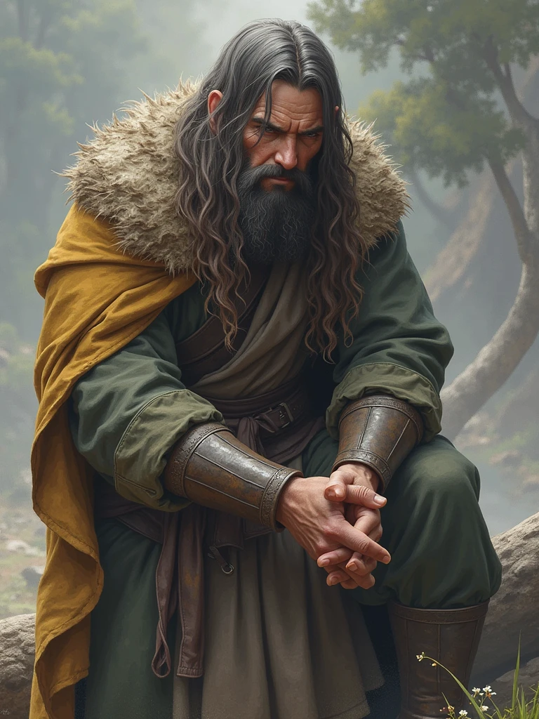 solo, side view, looking at viewer, cartoon, hyperrealistic, 50yo man, The King of myth, wearing cloak, volputuous body, large pectoral, wavy hair, seductive smile, (mustache), (beard), legs apart, hands on hip, hazel eyes, in a wilderness,  <lora:ArtMale_A01:0.55> artmale, impressionism,