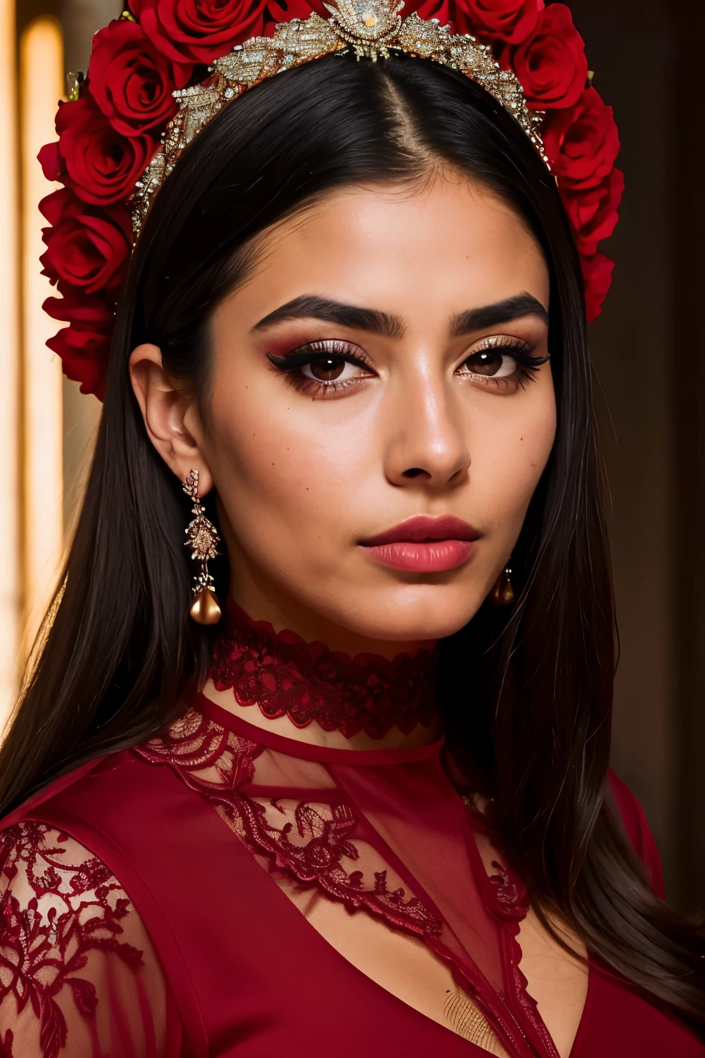 realistic portrait of an extremely beautiful Mexican woman, wearing a tight red Nadia Long Sleeve Scoop Back Midi Dress, wearing a choker, detailed facial features, piercing eyes, wearing a headdress, elegant long eyelashes, beautiful lips, delicate nose, intricate jewelry, dramatic lighting, highly detailed, photorealistic, 8k, cinematic composition, dramatic pose, masterpiece