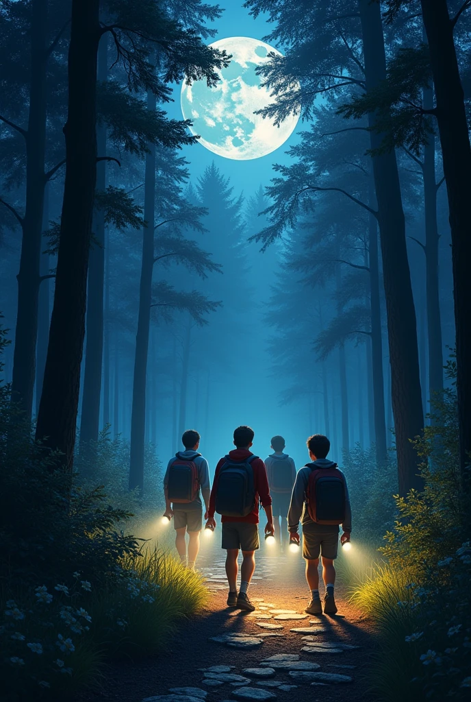 A eighteen years old boy with his friends walk in the forest in night
