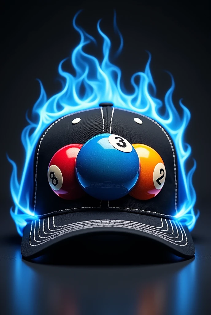 Generate a black and white cap that has 3 billiard balls on the front: one blue, one red, and one yellow. They need to be centered. The billiard ball in the center needs to be slightly larger. On the sides of the billiard balls, there are flames that are blue, but the billiard balls have to be part of the cap design, as well as the flames.