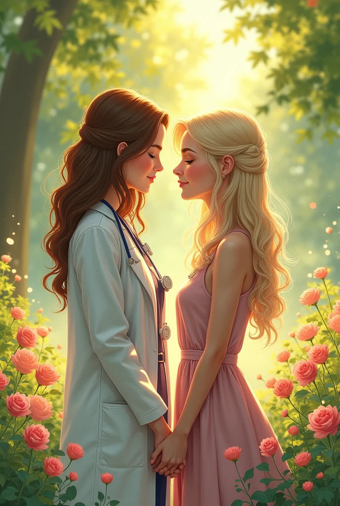 A drawing inspired by The Secret of Us, a lesbian drama., where one of the characters has brown hair and is a doctor, the other has light hair and is an actress.