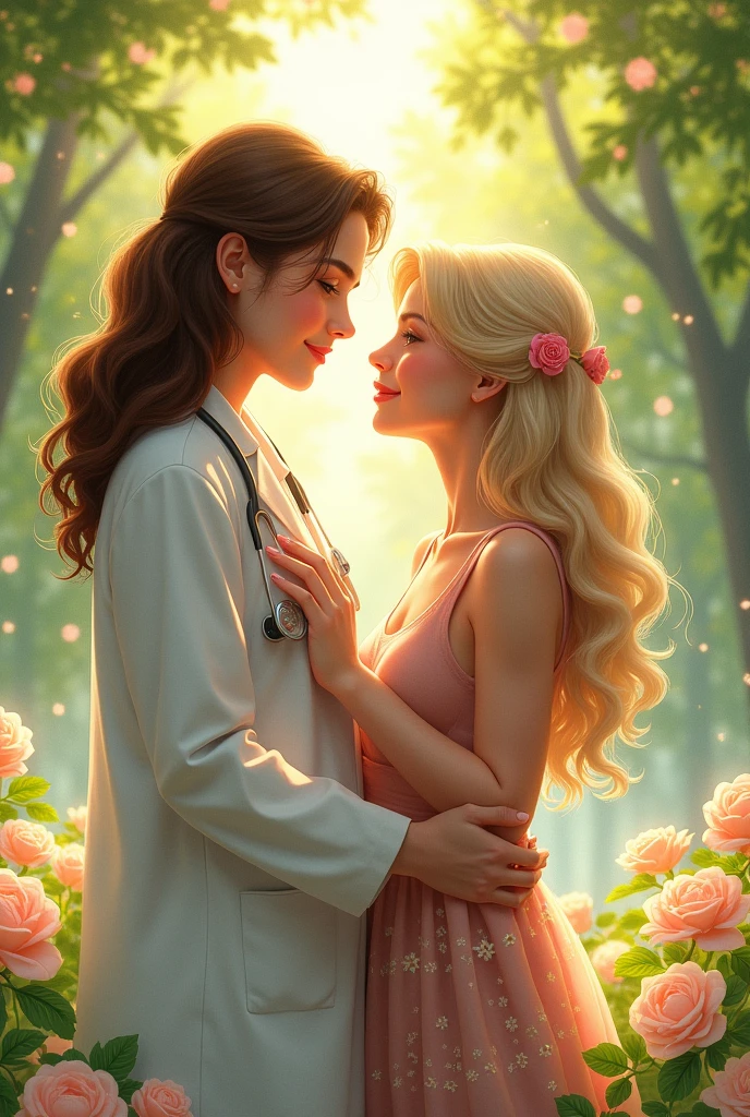 A drawing inspired by The Secret of Us, a lesbian drama., where one of the characters has brown hair and is a doctor, the other has light hair and is an actress.