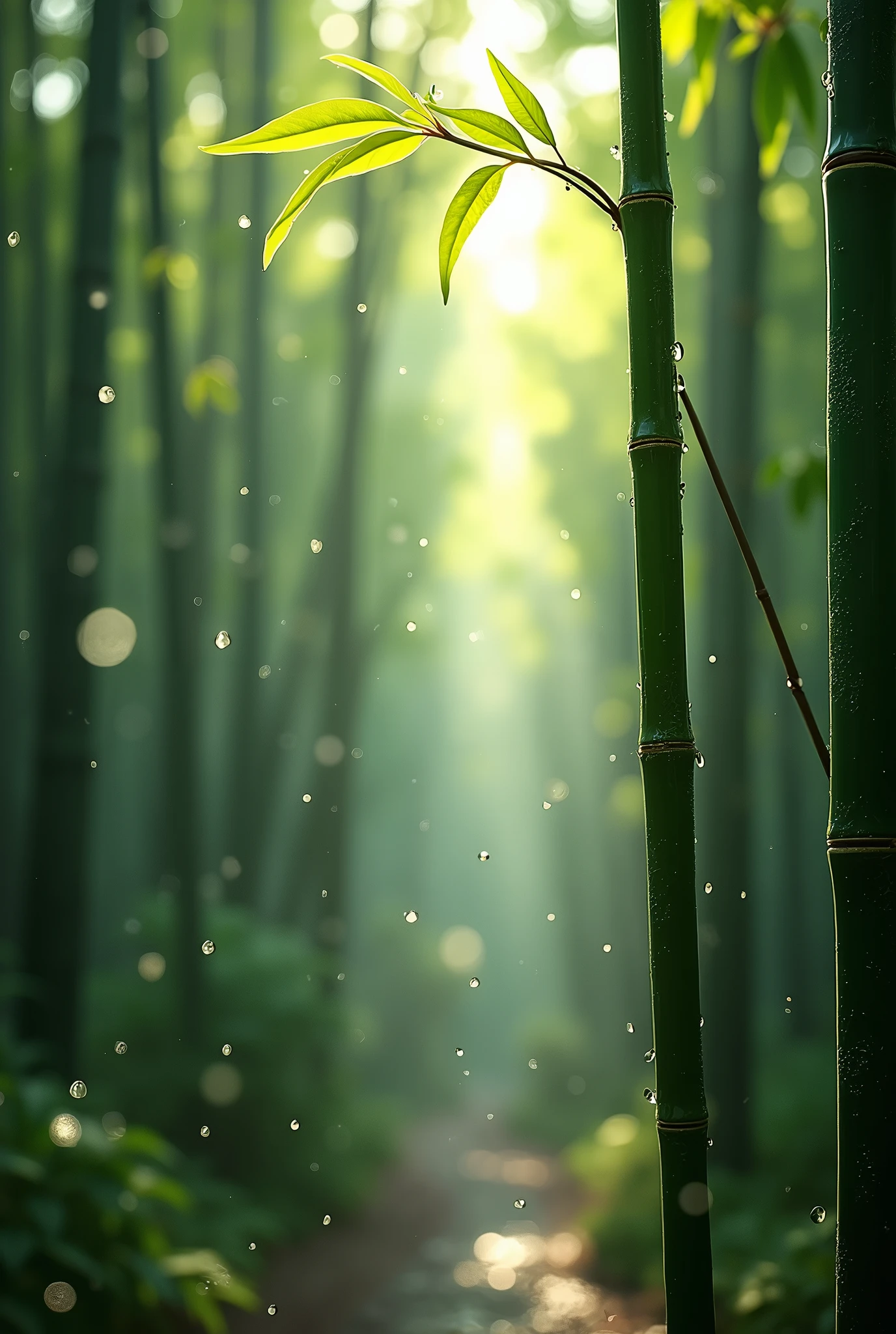 Create a visually stunning, ultra-realistic masterpiece in up to 16K resolution, capturing the rare and magical moment of a sunny rain in a tranquil bamboo forest, where water droplets abound. This soft color photograph focuses on the tall, slender bamboo stalks, which are now covered in countless droplets of rain that glisten as sunlight filters through the leaves. The image is ultra-detailed, with movie-like still imagery and dynamic angles that immerse viewers in this serene and fleeting scene. Imagine the macro lens capturing each droplet with incredible precision, with some droplets splashing delicately off the bamboo leaves, creating tiny, shimmering sprays of water. The sunlight adds a sparkling effect to these splashes, enhancing the surreal, ethereal atmosphere of the scene. The combination of rain, light mist, and abundant water droplets gives the forest a fresh, vibrant appearance, while a subtle motion blur hints at the gentle movement of the bamboo and the cascading droplets. This award-winning digital art piece is crafted with a focus on realism, featuring meticulously detailed textures and natural elements, all rendered in ultra-high definition with UHD and retina quality. The composition is perfectly designed, capturing the rare beauty of this sunny rain moment with a harmonious layout and flawless detail. The image maintains a natural, realistic feel, avoiding extreme angles or exaggerated expressions, and is enhanced with a subtle film grain and anti-glare effect for added depth. Every detail is captured with precision, making this artwork an epic, breathtaking portrayal of a bamboo forest bathed in sunlight and rain, where water droplets and splashes create a mesmerizing display of nature's beauty.