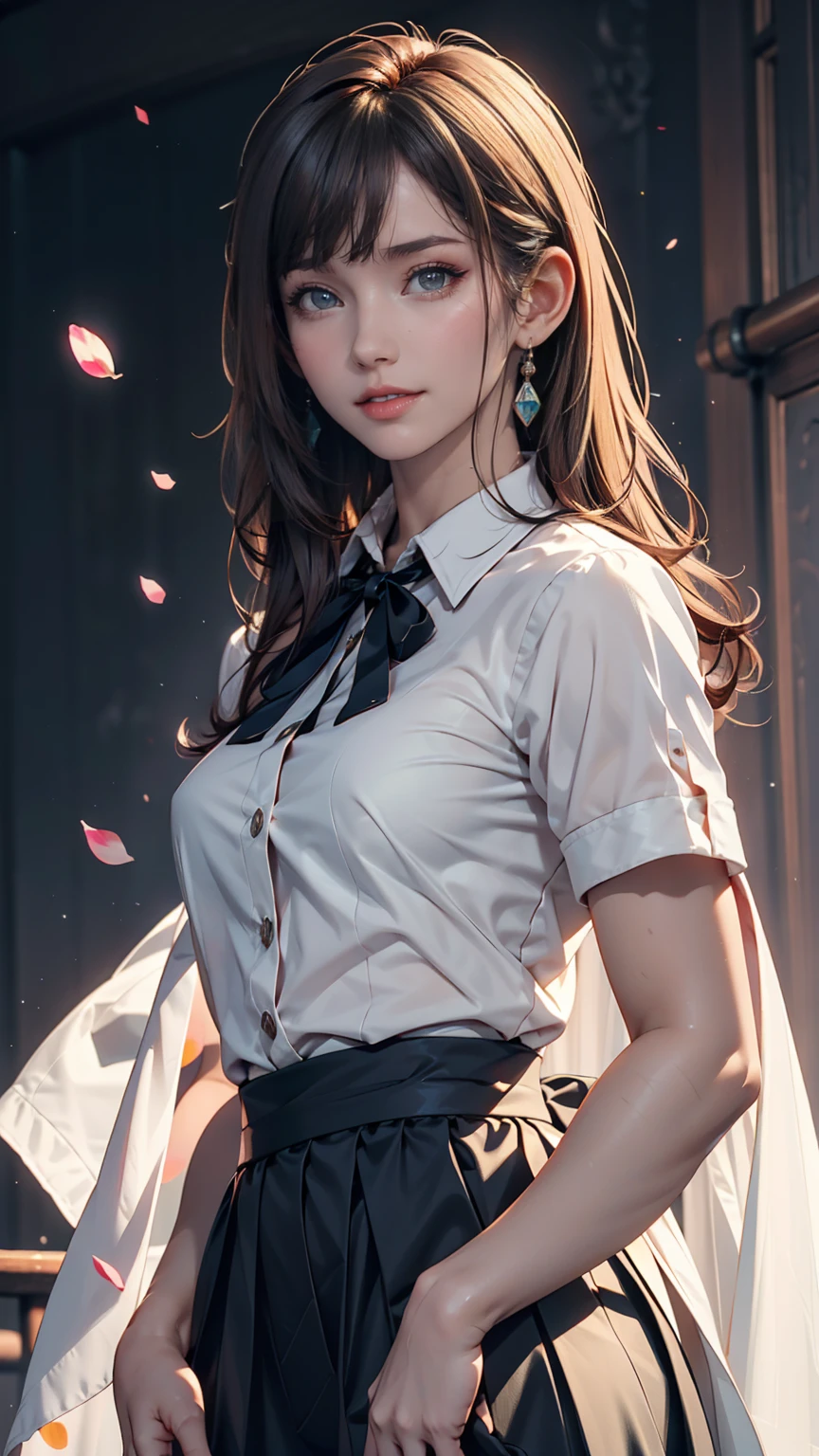 Beautiful Japanese Woman, soft skin and perfect face, A small face with a nose and rosy lips, Beautiful Eyes, Beautiful smile. black, Surrounded by a bright, ethereal glow、Thin, long, beautiful hair. A loose, medium hairstyle with gradation highlights and grey layers, Navy band collar shirt x yellow houndstooth flare skirt, Bright neon colorful background, Hyperrealistic female photos, High quality high resolution 8K masterpiece