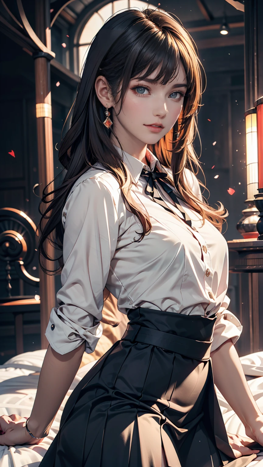 Beautiful Japanese Woman, soft skin and perfect face, A small face with a nose and rosy lips, Beautiful Eyes, Beautiful smile. black, Surrounded by a bright, ethereal glow、Thin, long, beautiful hair. A loose, medium hairstyle with gradation highlights and grey layers, Navy band collar shirt x yellow houndstooth flare skirt, Bright neon colorful background, Hyperrealistic female photos, High quality high resolution 8K masterpiece