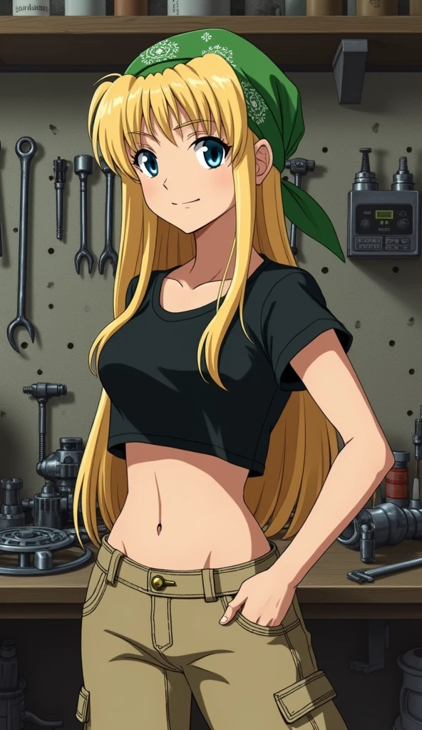 Create a realistic version of Winry Rockbell from Fullmetal Alchemist. She is an 18-year-old girl with long, straight blonde hair that falls past her shoulders. Her eyes are a bright blue, conveying a sense of determination and warmth. She has a fair complexion with subtle, natural makeup that highlights her youthful features. Winry wears a mechanic's outfit: a black crop top, beige cargo pants, and a green bandana tied around her head. Her expression should be confident and focused, reflecting her expertise as a skilled mechanic. The background should be a workshop setting, with tools and mechanical parts visible, to emphasize her profession and environment.