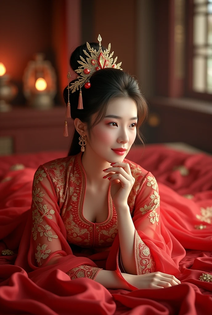 (Hyper-realistic 8K CG: 1.2), Perfect work of art, Exquisite patterns, Intricate details, (An unrivalled masterpiece, best quality: 1.2), (Extremely complex: 1.2), woman in red and gold dress, ((dark brown hair, Huge tits:1.2 )), (Low-cut,Deep V),Phoenix Coronet, hair stick, (Lying on a red bed: 1.3), cosmetic, blush, Shy, Black_hair, Looking at the audience, cosmetics, (Lace,silk), (chiffon:1.5), Lying flat,Chinese_clothing, ((Red loose comfortable clothing:1.4)),(Large Breasts),D cup ,curtain, earrings, hair_decorate,Hanfu, Internal, Jewelry, Red nails, long_sleeve, (平Lying on a red bed:1.6) Red Dress, red lips, Tassel, (Red pillow quilt), (Red Hi Word: 1.2), (ancient Chinese architecture),, night,(wedding),(Marriage room),Chinese style marriage room,(Phoenix Coronet:1.5),(bridal chamber),