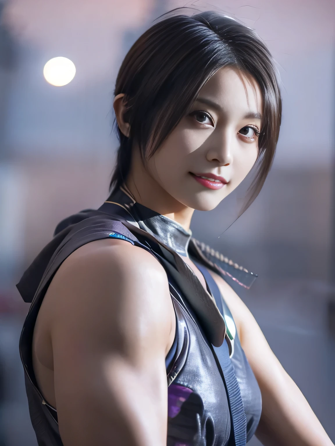 20 year old Japanese beauty,One woman、Muscular body like a bodybuilder、Emphasize the breasts、Slit eyes、A head-to-toe view,Bust is very very large、Full moon night in the background、High quality photos、Clear, crisp images of the lower body、Masterpiece 8k、Smiling、He holds a shuriken in his right hand、From the front, from the side, from the back, etc.々from what camera angle to shoot、A ninja costume of purplish-red color